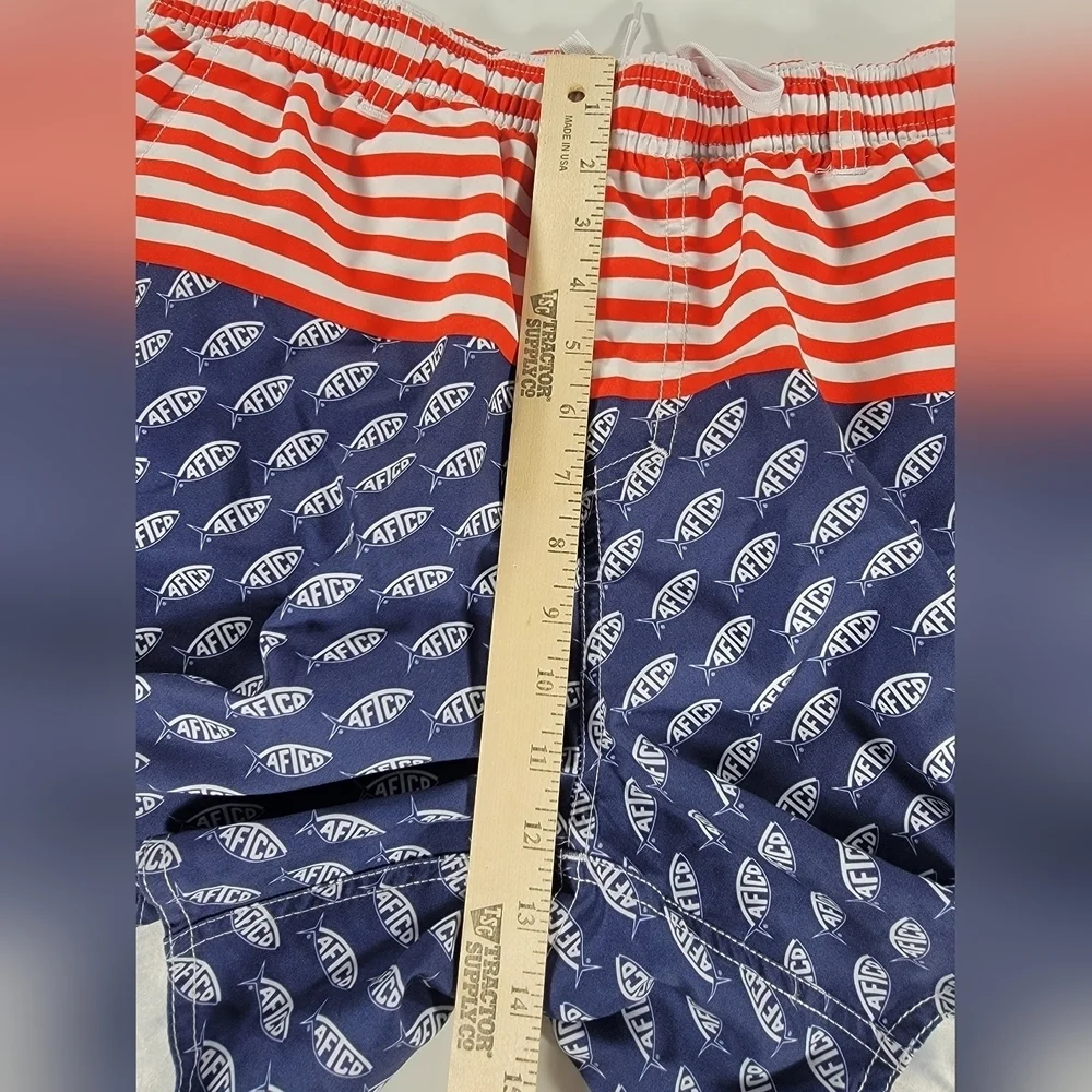 AFTCO Swim Trunks Mens Large Blue Red White USA Flag Print Bathing Suit Shorts